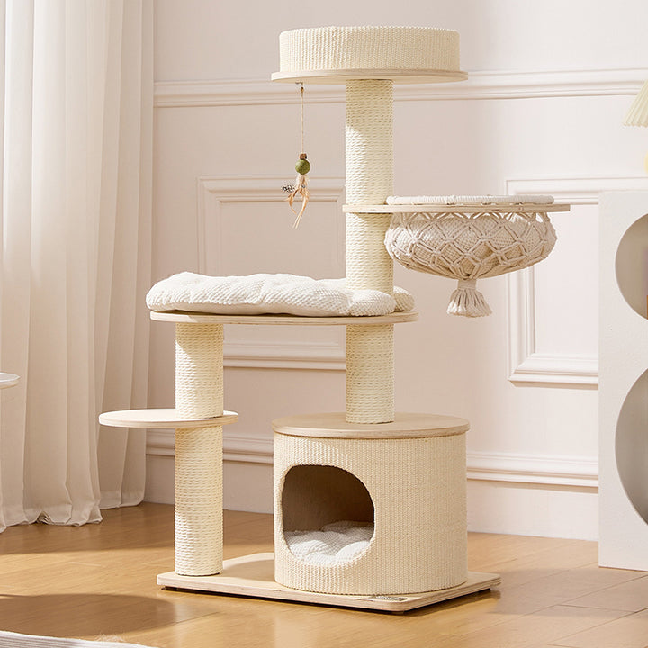 Arbre à chat et condo contemporain scandinave rond multicouche en bois massif, contreplaqué, corde en papier, sisal et tissu velours, 2 condos et 2 perchoirs pour chambre à coucher 