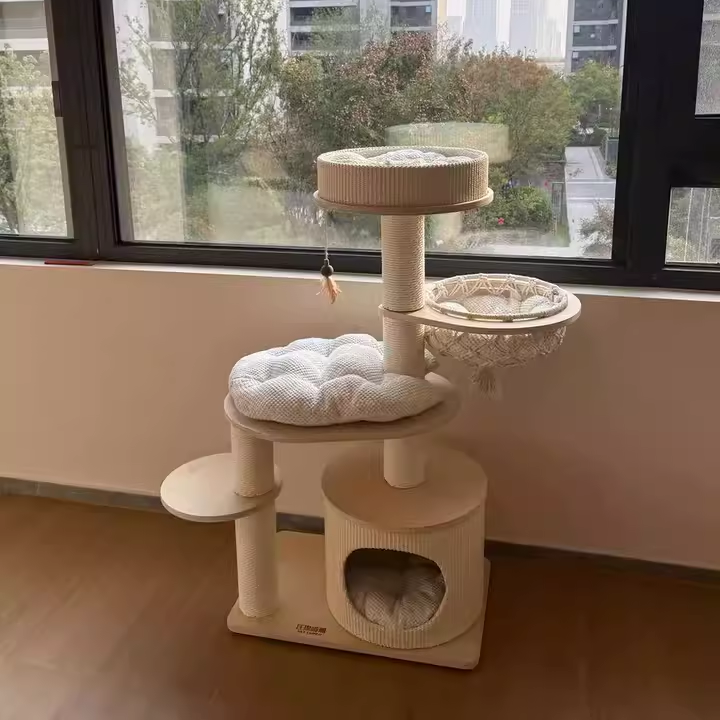 Contemporary Scandinavian Round Plywood Paper Rope Sisal Velvet Fabric Cat Tree &amp; Condo 2-Condo 2-Perch For Bedroom