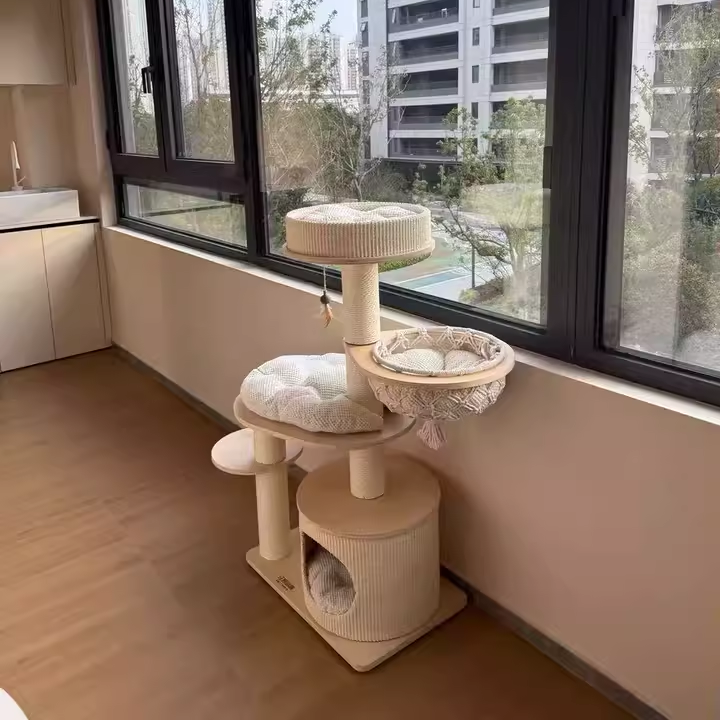 Contemporary Scandinavian Round Plywood Paper Rope Sisal Velvet Fabric Cat Tree &amp; Condo 2-Condo 2-Perch For Bedroom