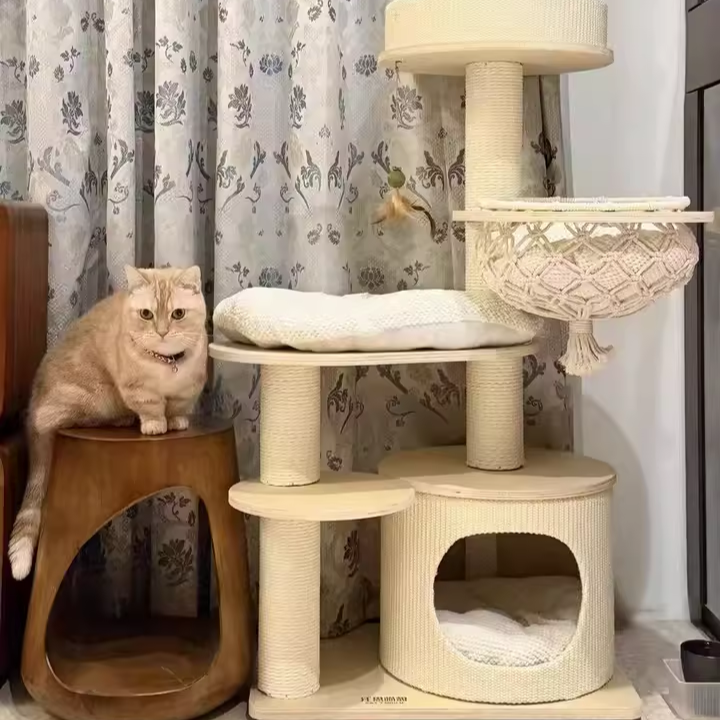 Contemporary Scandinavian Round Plywood Paper Rope Sisal Velvet Fabric Cat Tree &amp; Condo 2-Condo 2-Perch For Bedroom