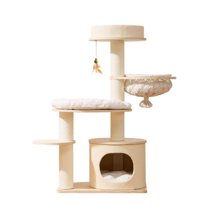 Contemporary Scandinavian Round Plywood Paper Rope Sisal Velvet Fabric Cat Tree &amp; Condo 2-Condo 2-Perch For Bedroom
