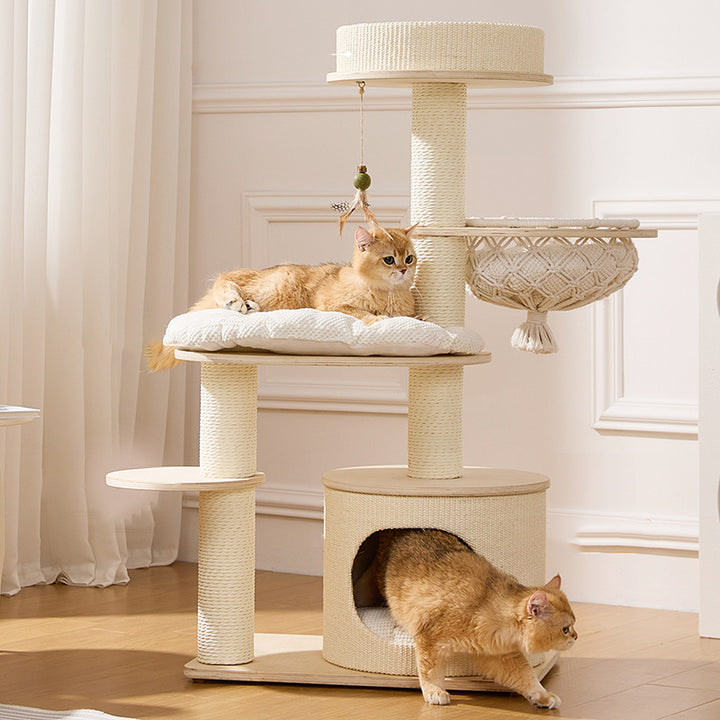 Arbre à chat et condo contemporain scandinave rond multicouche en bois massif, contreplaqué, corde en papier, sisal et tissu velours, 2 condos et 2 perchoirs pour chambre à coucher 