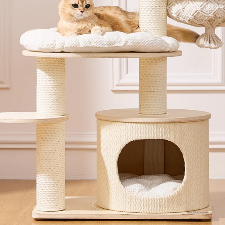 Contemporary Scandinavian Round Plywood Paper Rope Sisal Velvet Fabric Cat Tree &amp; Condo 2-Condo 2-Perch For Bedroom