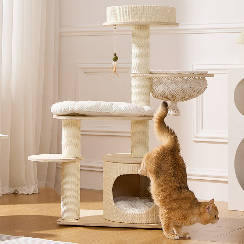Contemporary Scandinavian Round Plywood Paper Rope Sisal Velvet Fabric Cat Tree &amp; Condo 2-Condo 2-Perch For Bedroom