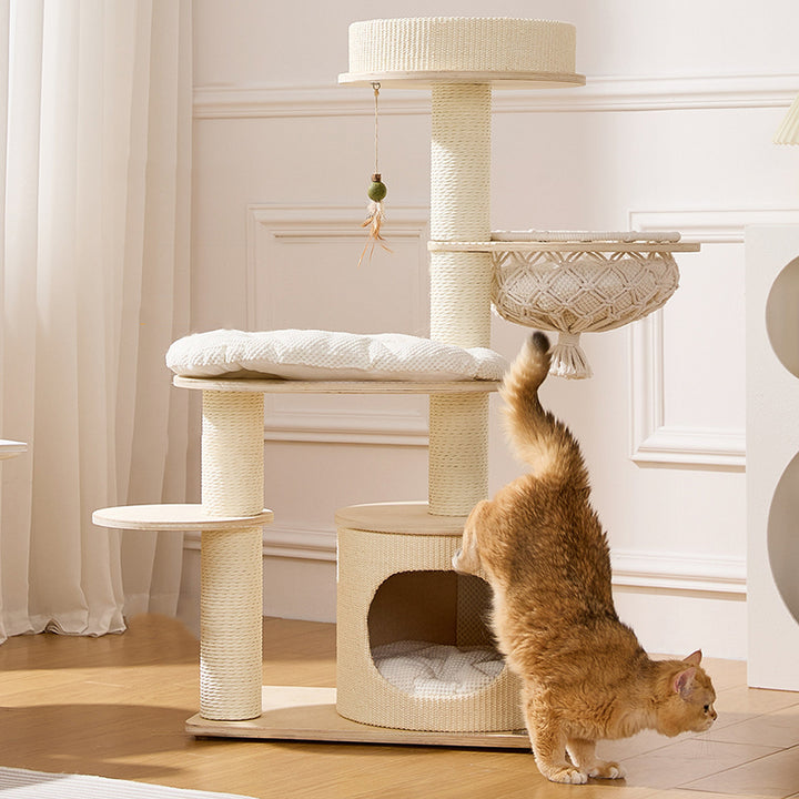 Contemporary Scandinavian Round Plywood Paper Rope Sisal Velvet Fabric Cat Tree &amp; Condo 2-Condo 2-Perch For Bedroom