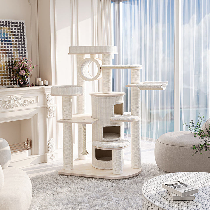 Arbre à chat et condo contemporain scandinave rond en bois massif, contreplaqué, panneau de particules, corde en papier et tissu velours, 3 condos, 5 perchoirs, pour chambre à coucher 