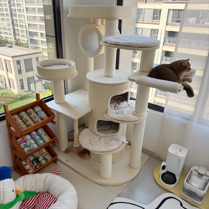 Arbre à chat et condo contemporain scandinave rond en bois massif, contreplaqué, panneau de particules, corde en papier et tissu velours, 3 condos, 5 perchoirs, pour chambre à coucher 