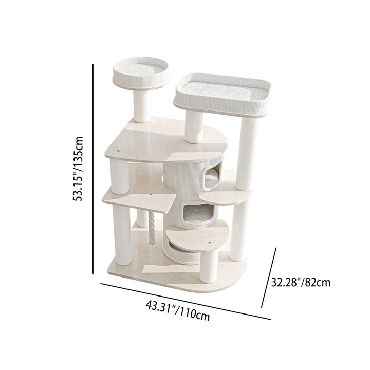 Arbre à chat et condo contemporain scandinave rond en bois massif, contreplaqué, panneau de particules, corde en papier et tissu velours, 3 condos, 5 perchoirs, pour chambre à coucher 