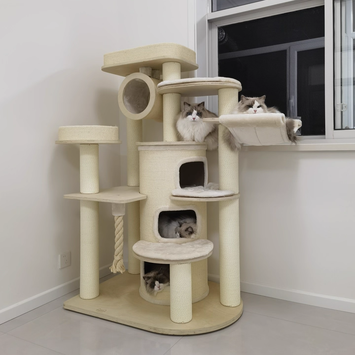 Arbre à chat et condo contemporain scandinave rond en bois massif, contreplaqué, panneau de particules, corde en papier et tissu velours, 3 condos, 5 perchoirs, pour chambre à coucher 