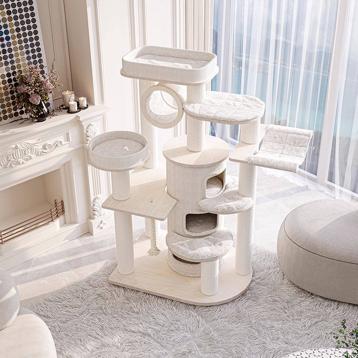Arbre à chat et condo contemporain scandinave rond en bois massif, contreplaqué, panneau de particules, corde en papier et tissu velours, 3 condos, 5 perchoirs, pour chambre à coucher 