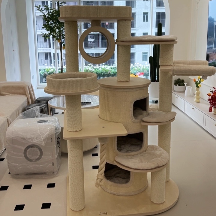 Arbre à chat et condo contemporain scandinave rond en bois massif, contreplaqué, panneau de particules, corde en papier et tissu velours, 3 condos, 5 perchoirs, pour chambre à coucher 