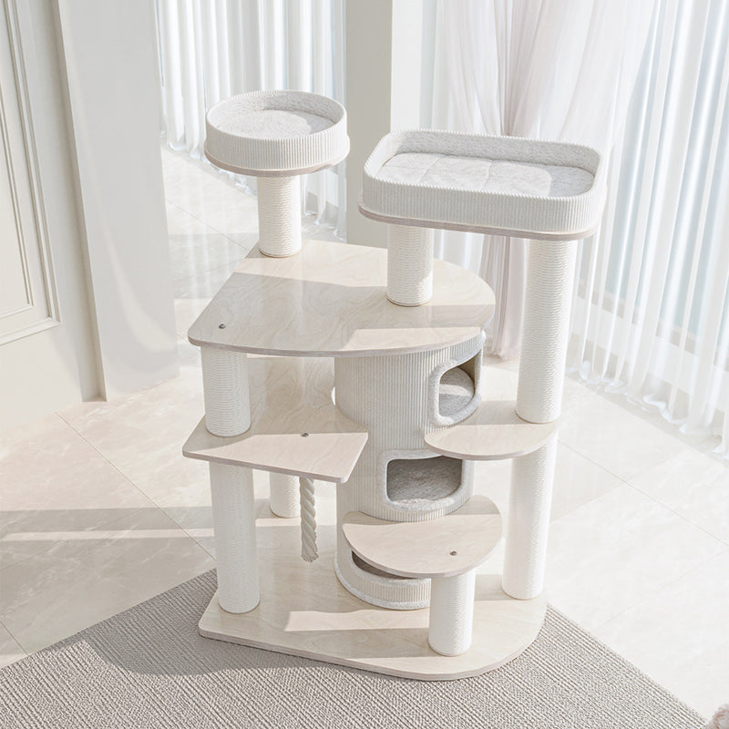 Arbre à chat et condo contemporain scandinave rond en bois massif, contreplaqué, panneau de particules, corde en papier et tissu velours, 3 condos, 5 perchoirs, pour chambre à coucher 