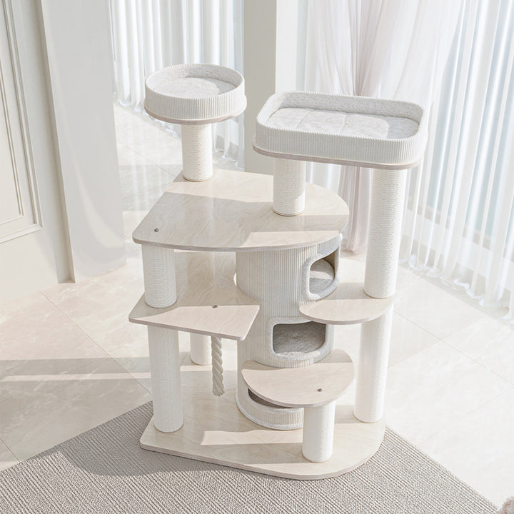 Arbre à chat et condo contemporain scandinave rond en bois massif, contreplaqué, panneau de particules, corde en papier et tissu velours, 3 condos, 5 perchoirs, pour chambre à coucher 