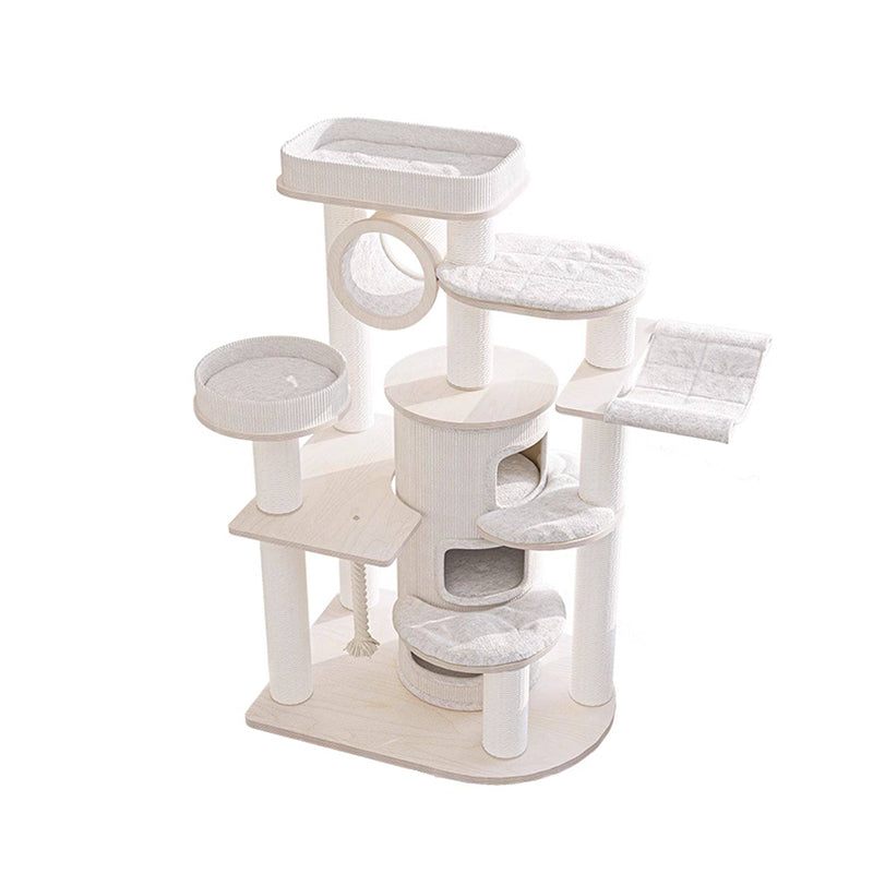 Arbre à chat et condo contemporain scandinave rond en bois massif, contreplaqué, panneau de particules, corde en papier et tissu velours, 3 condos, 5 perchoirs, pour chambre à coucher 