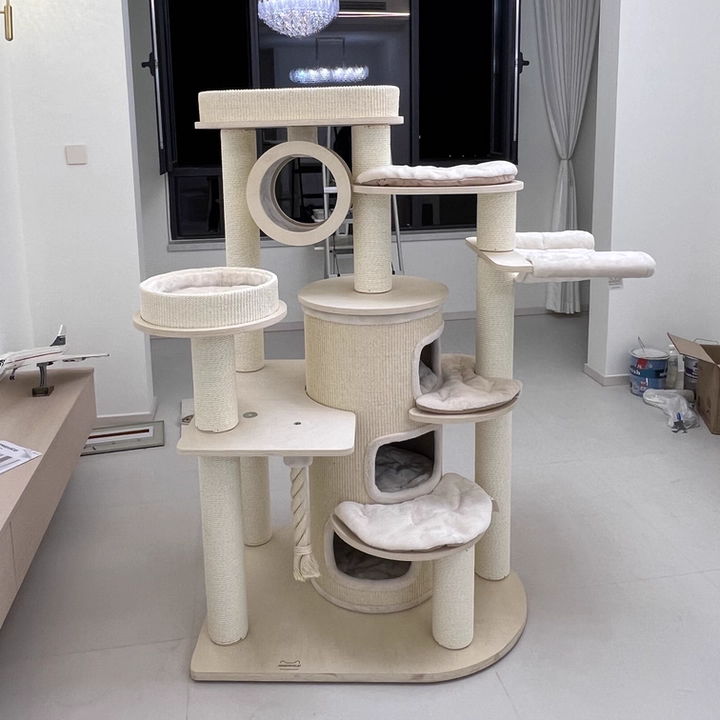 Arbre à chat et condo contemporain scandinave rond en bois massif, contreplaqué, panneau de particules, corde en papier et tissu velours, 3 condos, 5 perchoirs, pour chambre à coucher 