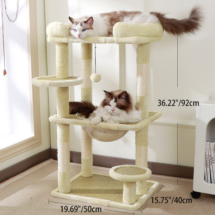 Arbre à chat contemporain scandinave rectangulaire en panneau de particules, tissu velours et sisal, avec 3 perchoirs pour chambre à coucher 