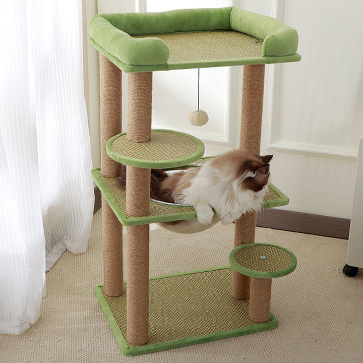 Arbre à chat contemporain scandinave rectangulaire en panneau de particules, tissu velours et sisal, avec 3 perchoirs pour chambre à coucher 
