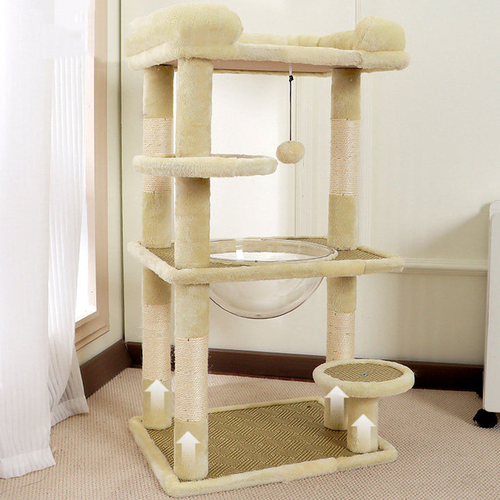 Arbre à chat contemporain scandinave rectangulaire en panneau de particules, tissu velours et sisal, avec 3 perchoirs pour chambre à coucher 