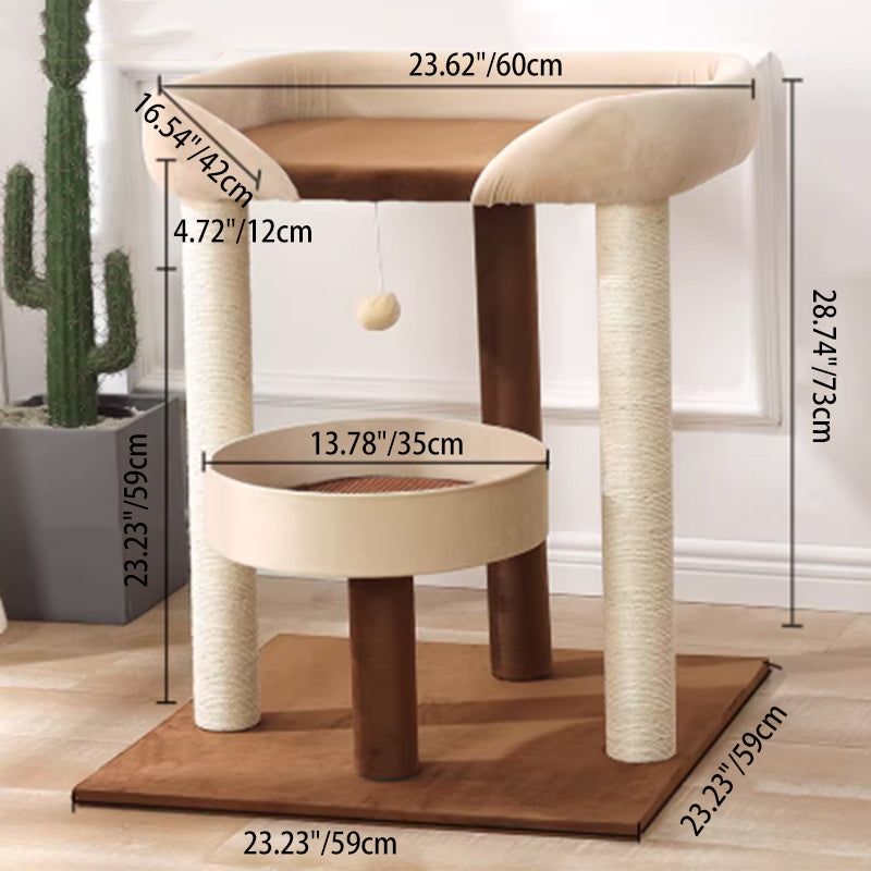 Arbre à chat contemporain scandinave rectangulaire en panneau de particules, papier kraft, tube, tissu velours, sisal, 1 condo, 2/3 perchoirs pour chambre à coucher 