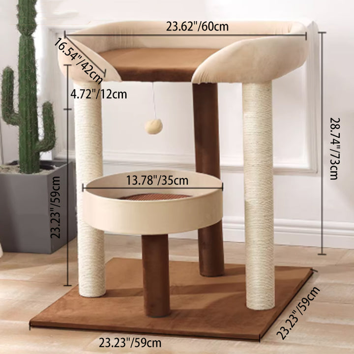 Arbre à chat contemporain scandinave rectangulaire en panneau de particules, papier kraft, tube, tissu velours, sisal, 1 condo, 2/3 perchoirs pour chambre à coucher 