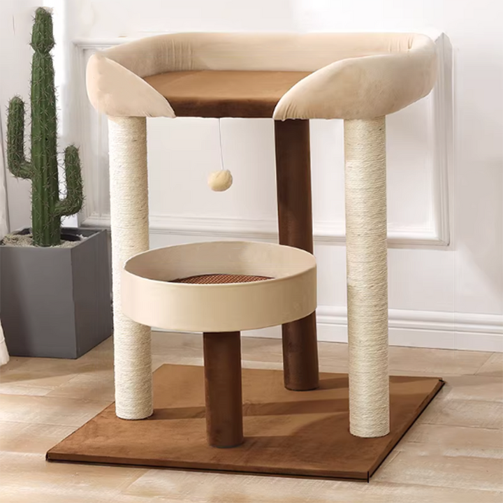 Arbre à chat contemporain scandinave rectangulaire en panneau de particules, papier kraft, tube, tissu velours, sisal, 1 condo, 2/3 perchoirs pour chambre à coucher 
