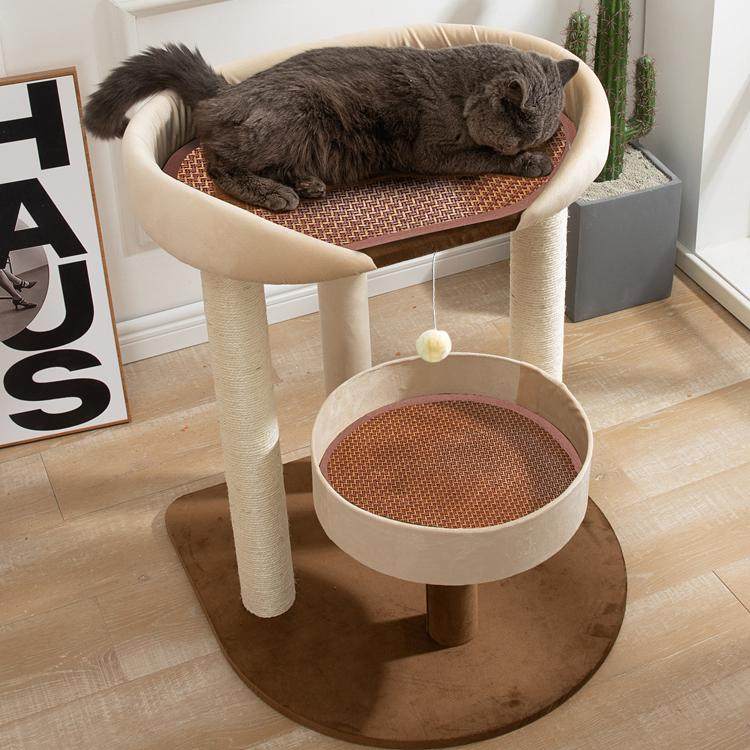 Arbre à chat contemporain scandinave rectangulaire en panneau de particules, papier kraft, tube, tissu velours, sisal, 1 condo, 2/3 perchoirs pour chambre à coucher 