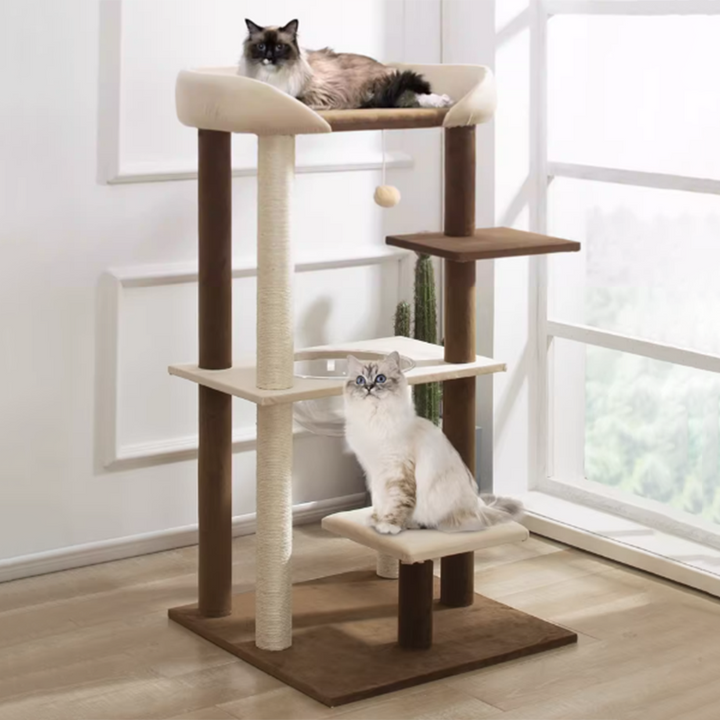 Arbre à chat contemporain scandinave rectangulaire en panneau de particules, papier kraft, tube, tissu velours, sisal, 1 condo, 2/3 perchoirs pour chambre à coucher 