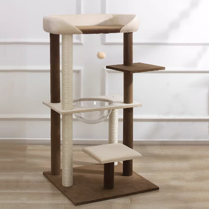 Arbre à chat contemporain scandinave rectangulaire en panneau de particules, papier kraft, tube, tissu velours, sisal, 1 condo, 2/3 perchoirs pour chambre à coucher 