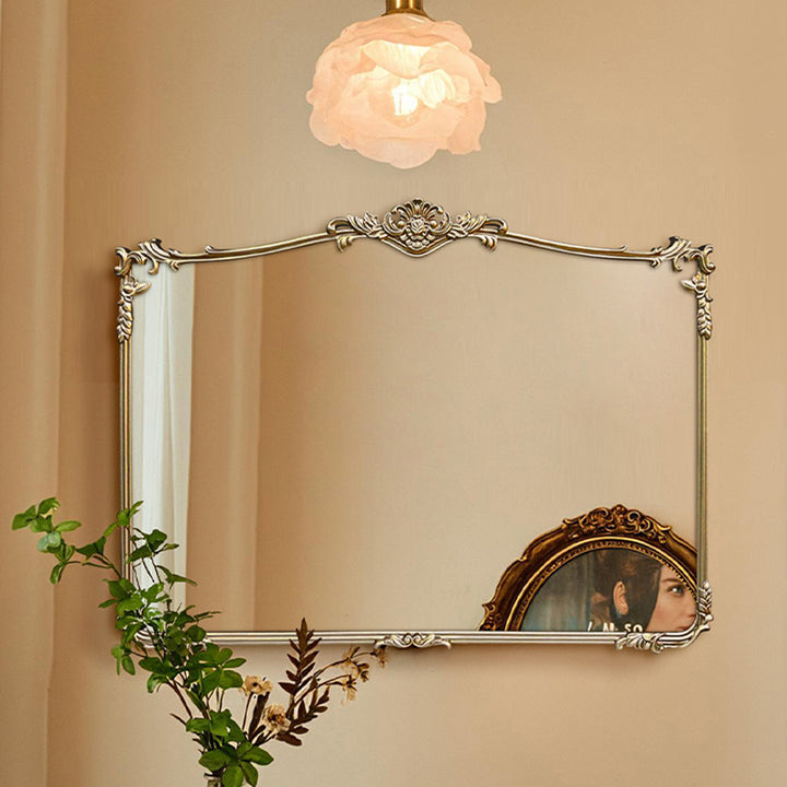Espejo de pared rectangular tradicional francés HD plateado de fibra de densidad media tallado para baño y dormitorio 