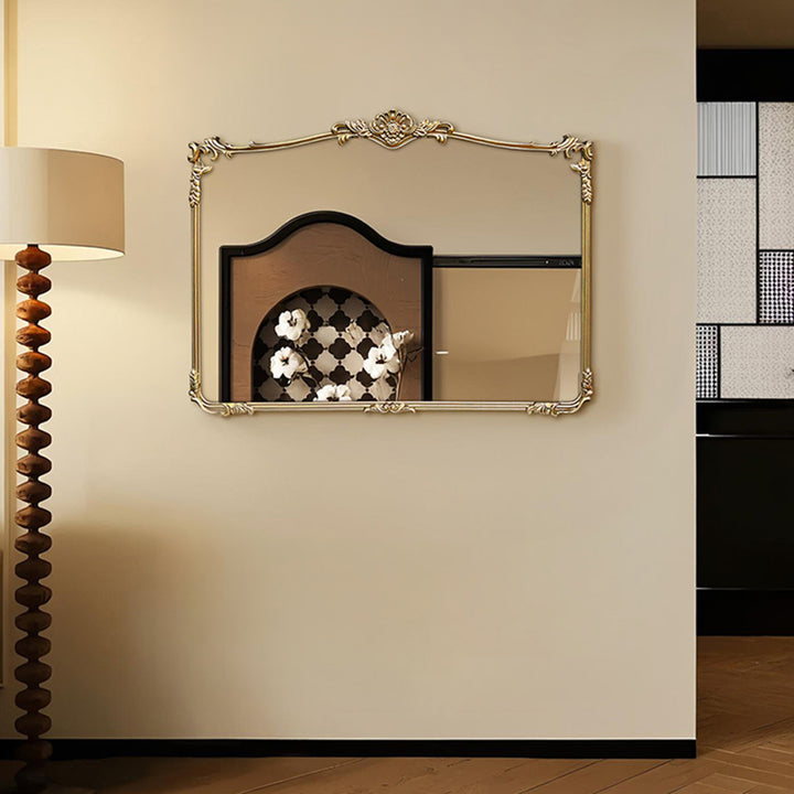 Espejo de pared rectangular tradicional francés HD plateado de fibra de densidad media tallado para baño y dormitorio 