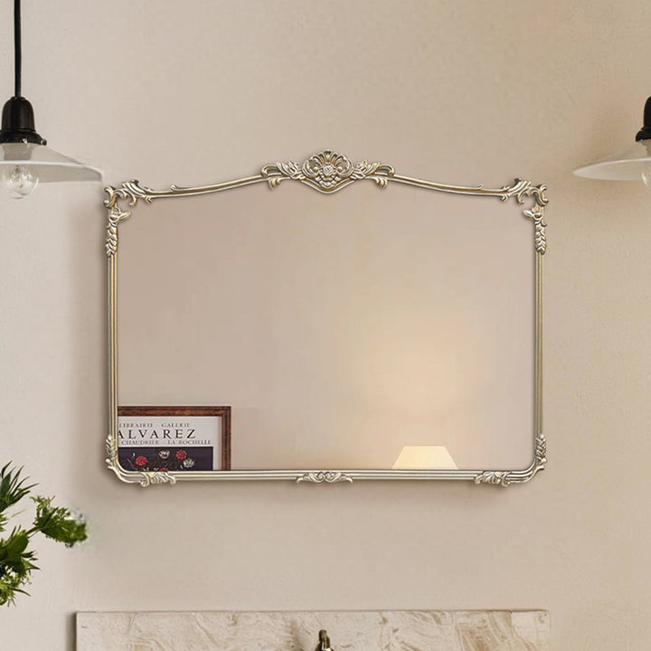 Espejo de pared rectangular tradicional francés HD plateado de fibra de densidad media tallado para baño y dormitorio 