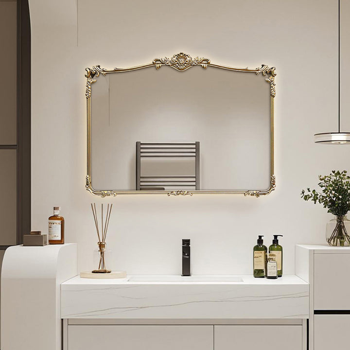 Espejo de pared rectangular tradicional francés HD plateado de fibra de densidad media tallado para baño y dormitorio 