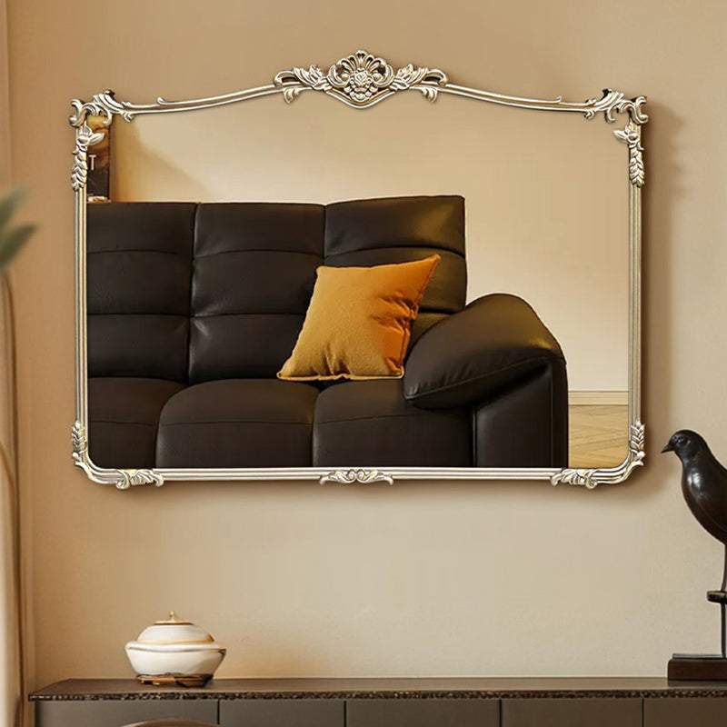 Espejo de pared rectangular tradicional francés HD plateado de fibra de densidad media tallado para baño y dormitorio 