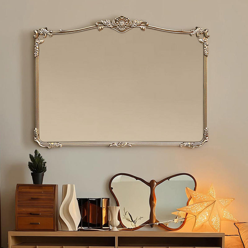 Espejo de pared rectangular tradicional francés HD plateado de fibra de densidad media tallado para baño y dormitorio 