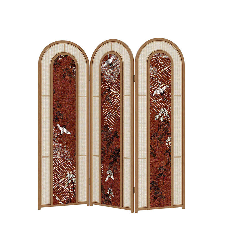 Paravent pliable à 3 panneaux en pin massif, PVC et rotin, de style vintage traditionnel, rectangulaire, sculpté de grues, pour salon 