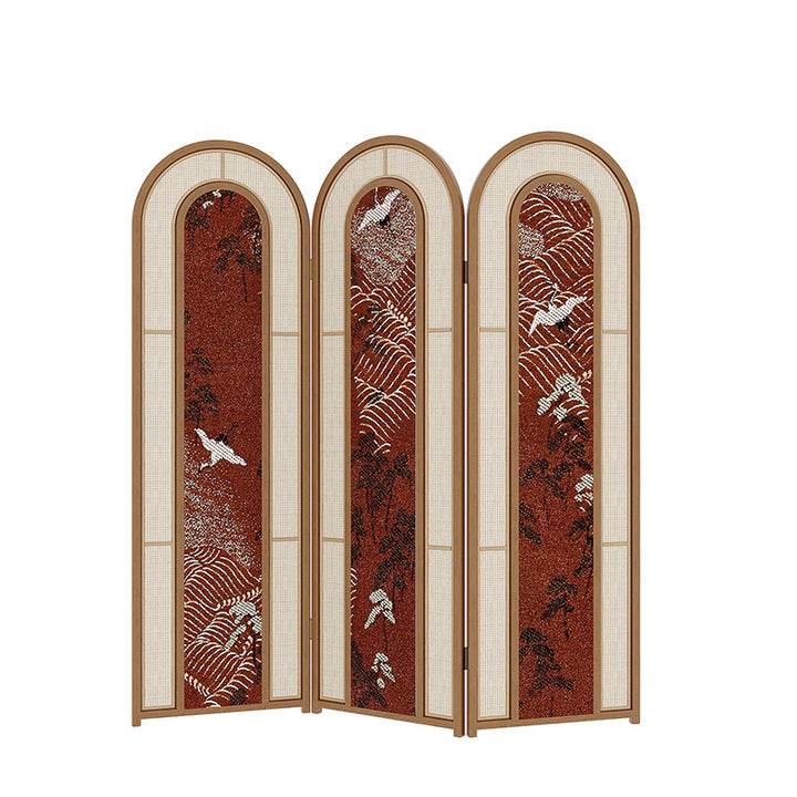 Paravent pliable à 3 panneaux en pin massif, PVC et rotin, de style vintage traditionnel, rectangulaire, sculpté de grues, pour salon 