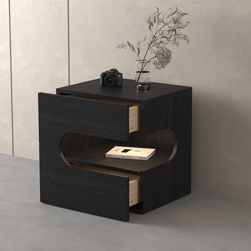 Modern Minimalist Square Plywood Nightstand 2-Drawer For Bedroom