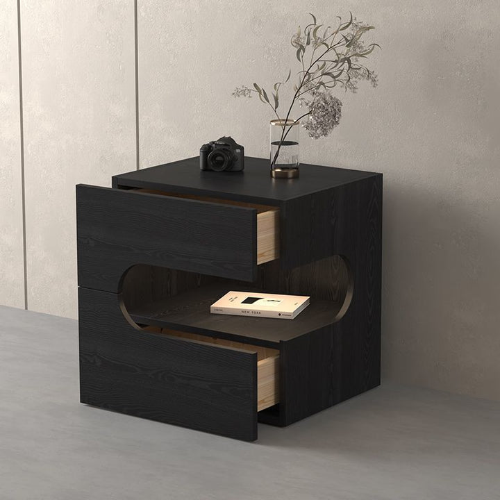 Modern Minimalist Square Plywood Nightstand 2-Drawer For Bedroom
