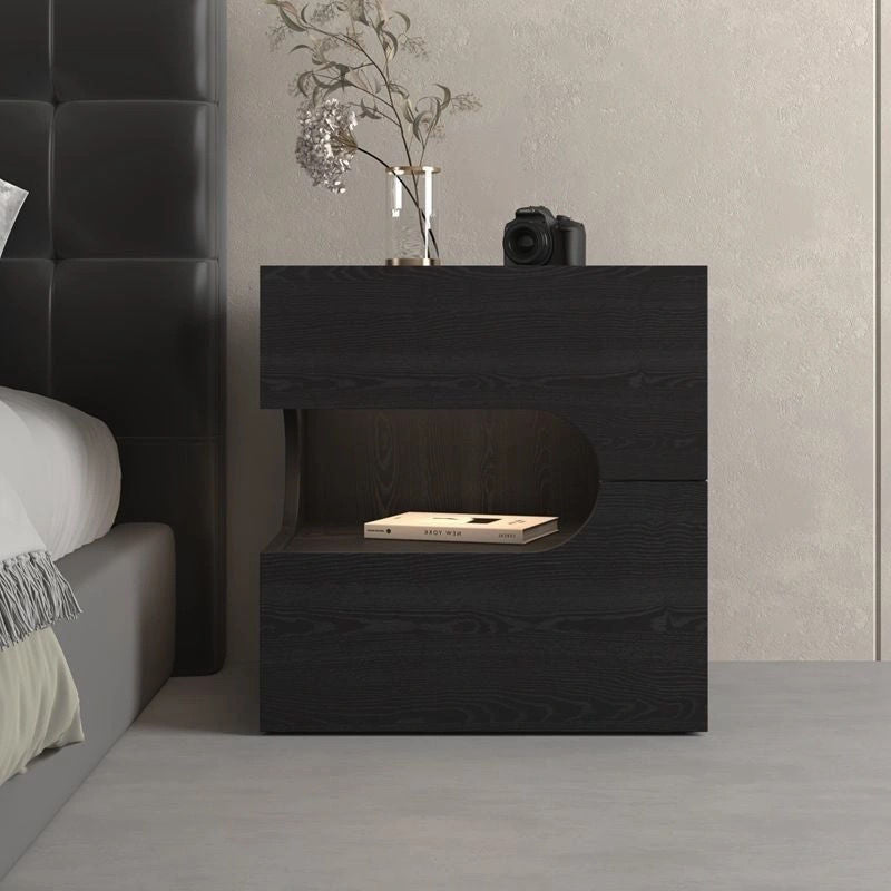 Modern Minimalist Square Plywood Nightstand 2-Drawer For Bedroom