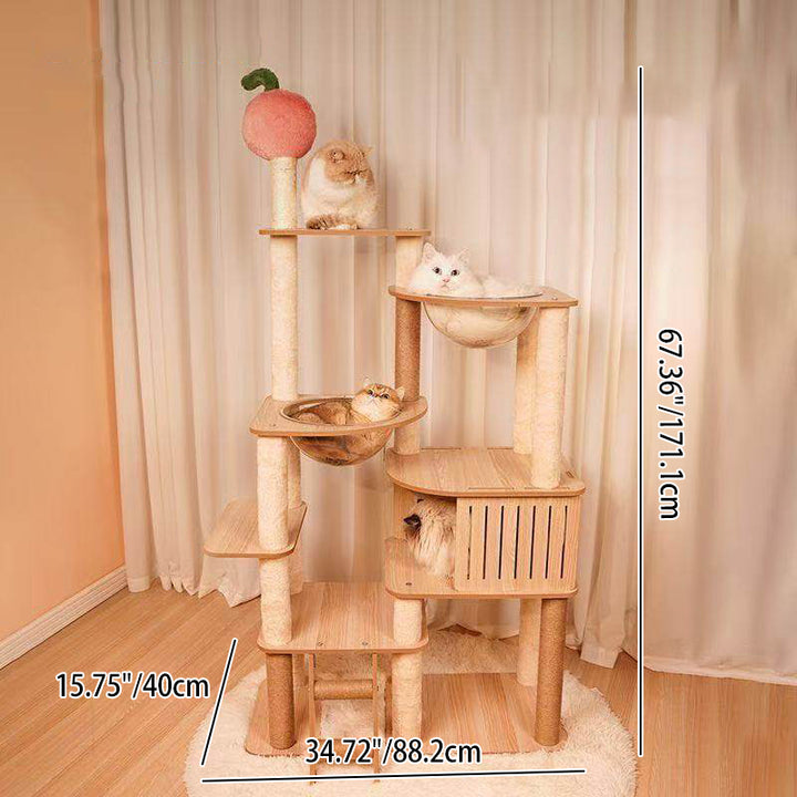 Árbol para gatos contemporáneo escandinavo rectangular de tablero de fibra de densidad media con tela de terciopelo, cuerda de cáñamo y acrílico, con 3 condominios y 4 perchas para el dormitorio 