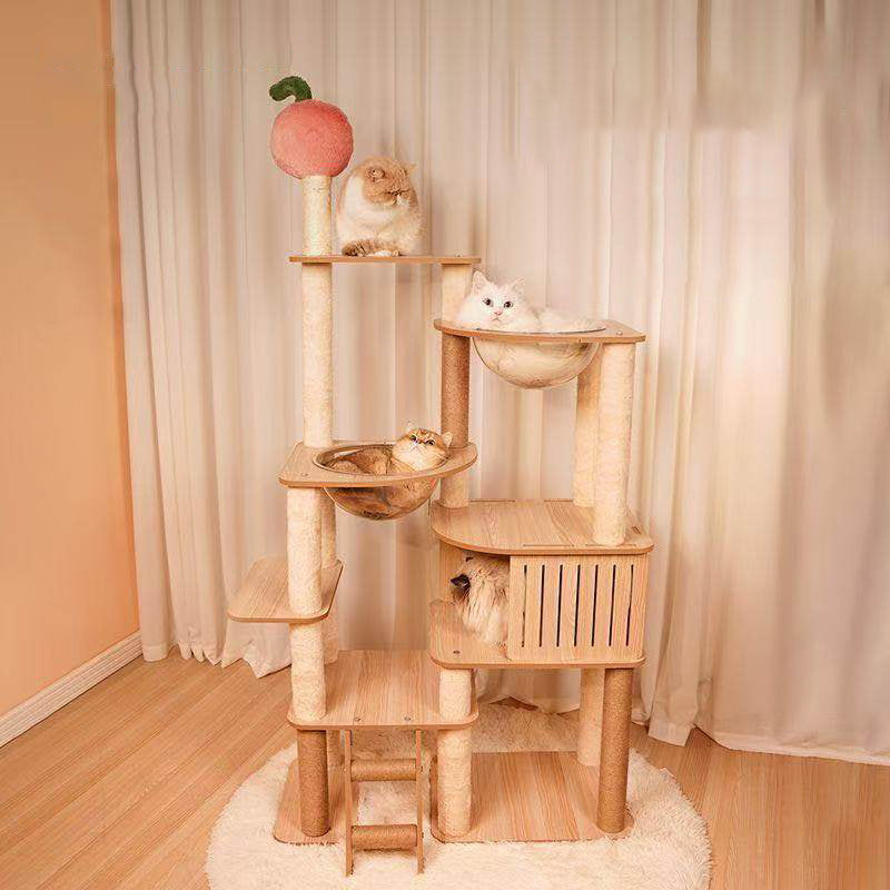 Árbol para gatos contemporáneo escandinavo rectangular de tablero de fibra de densidad media con tela de terciopelo, cuerda de cáñamo y acrílico, con 3 condominios y 4 perchas para el dormitorio 
