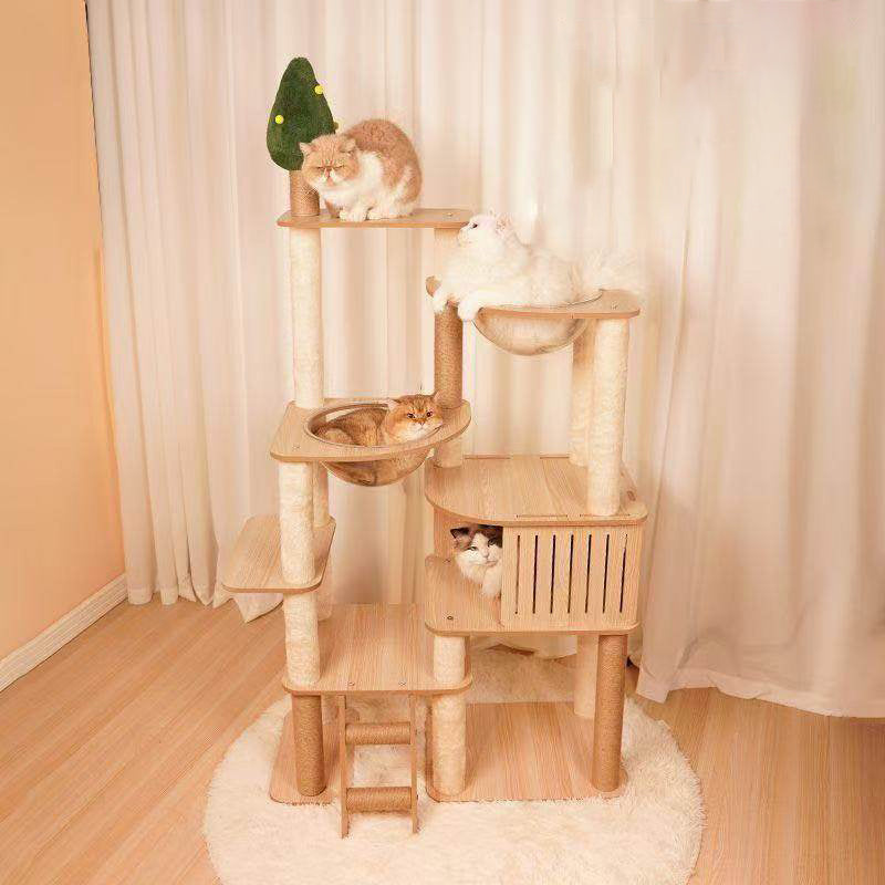 Árbol para gatos contemporáneo escandinavo rectangular de tablero de fibra de densidad media con tela de terciopelo, cuerda de cáñamo y acrílico, con 3 condominios y 4 perchas para el dormitorio 