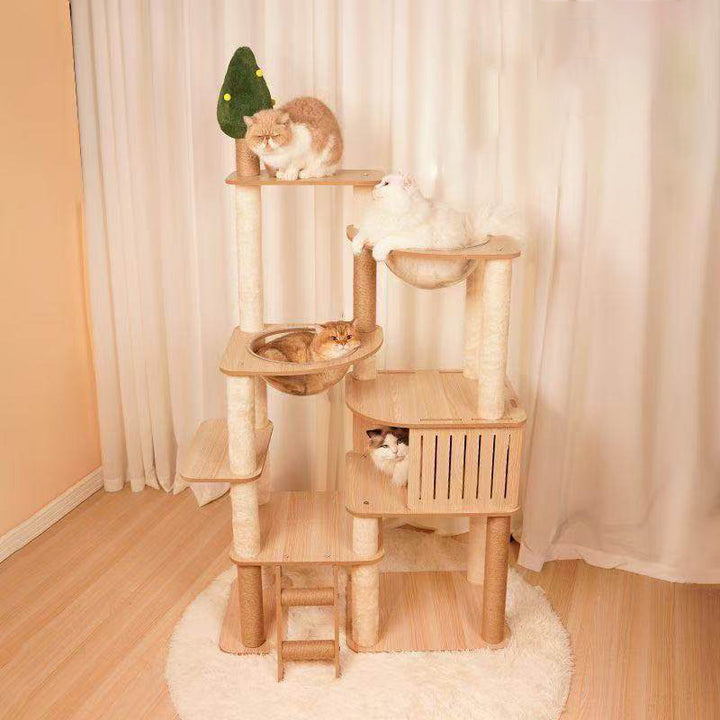 Árbol para gatos contemporáneo escandinavo rectangular de tablero de fibra de densidad media con tela de terciopelo, cuerda de cáñamo y acrílico, con 3 condominios y 4 perchas para el dormitorio 