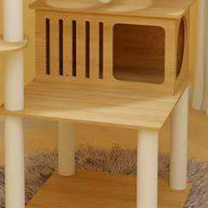 Árbol para gatos contemporáneo escandinavo rectangular de tablero de fibra de densidad media con tela de terciopelo, cuerda de cáñamo y acrílico, con 3 condominios y 4 perchas para el dormitorio 