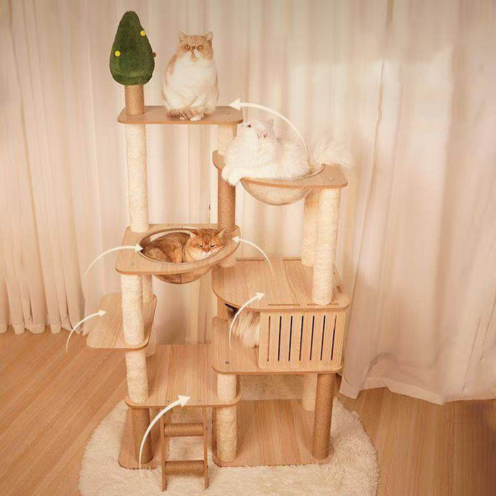 Árbol para gatos contemporáneo escandinavo rectangular de tablero de fibra de densidad media con tela de terciopelo, cuerda de cáñamo y acrílico, con 3 condominios y 4 perchas para el dormitorio 