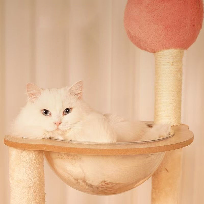 Árbol para gatos contemporáneo escandinavo rectangular de tablero de fibra de densidad media con tela de terciopelo, cuerda de cáñamo y acrílico, con 3 condominios y 4 perchas para el dormitorio 