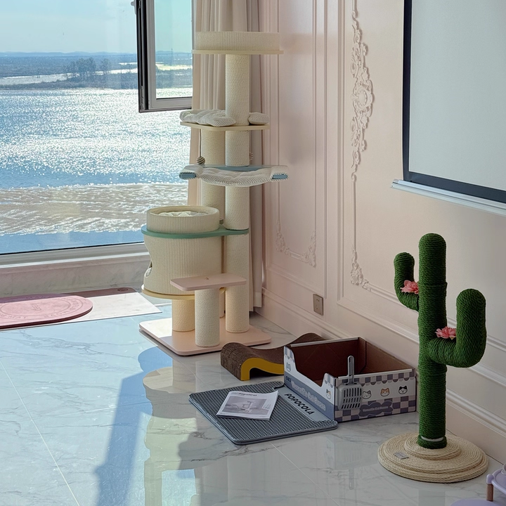 عمود خدش للقطط بتصميم صبار من البلاستيك PVC المخملي والحبل القنب الحديث والإبداعي، 1 شقة و1 منصة للغرفة النوم 