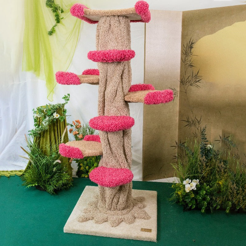 Moderner kreativer runder Katzenbaum aus Eukalyptusholz mit Plüschstoff und baumförmigem Design, 2/7-Liegeflächen für das Schlafzimmer 