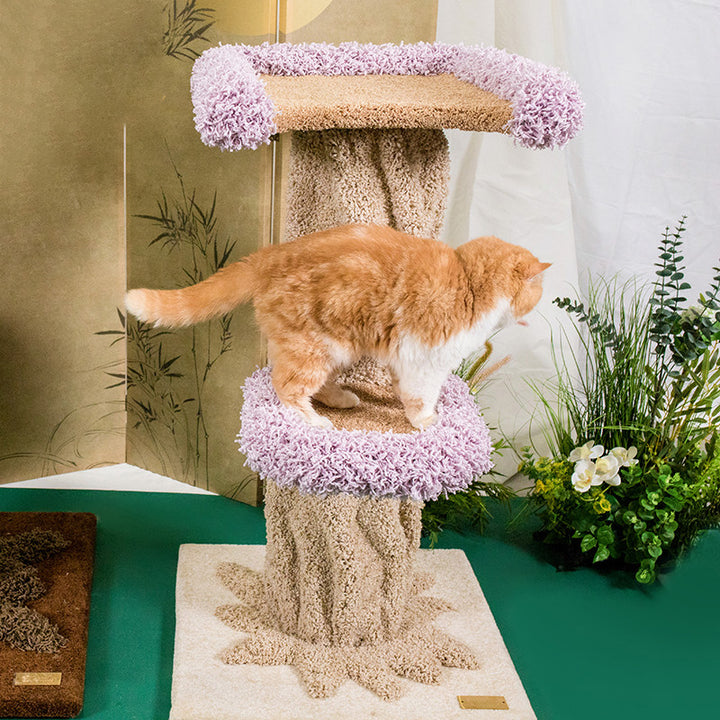 Moderner kreativer runder Katzenbaum aus Eukalyptusholz mit Plüschstoff und baumförmigem Design, 2/7-Liegeflächen für das Schlafzimmer 