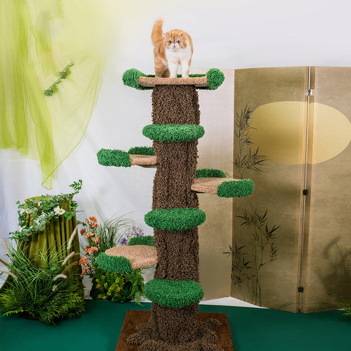 Moderner kreativer runder Katzenbaum aus Eukalyptusholz mit Plüschstoff und baumförmigem Design, 2/7-Liegeflächen für das Schlafzimmer 
